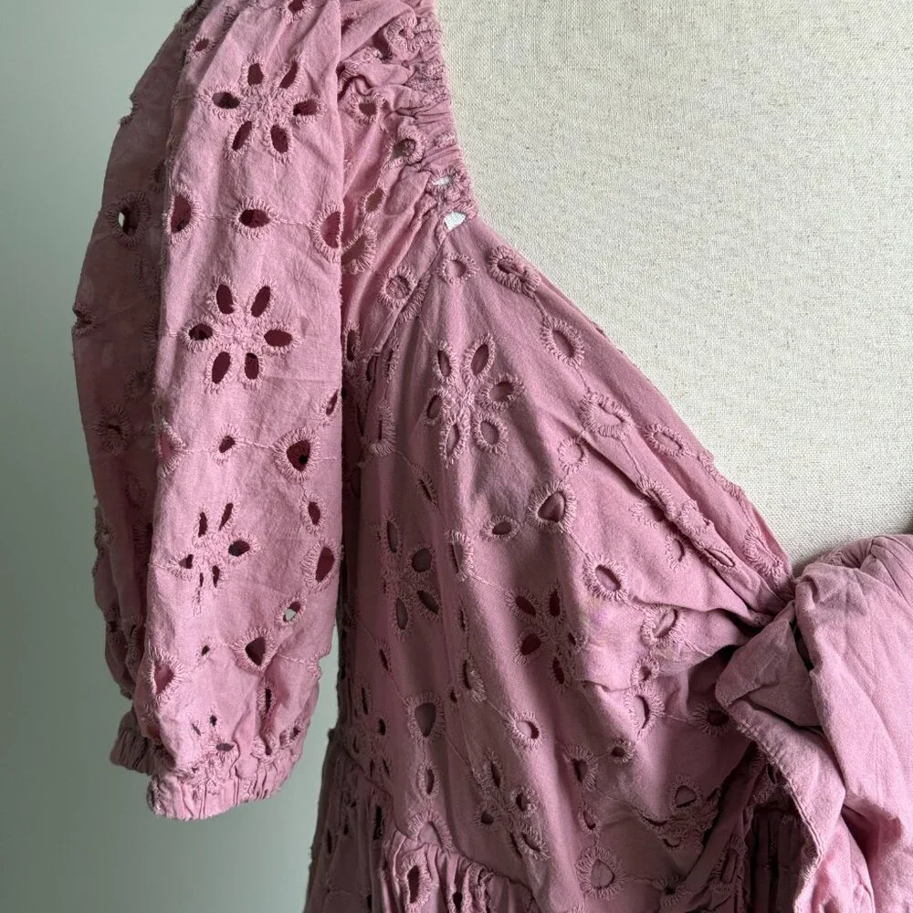 Eloquii Eyelet Detail Tie Front Puff Sleeve Maxi Dress Pink Mauve Size 18 - Picture 4 of 11
